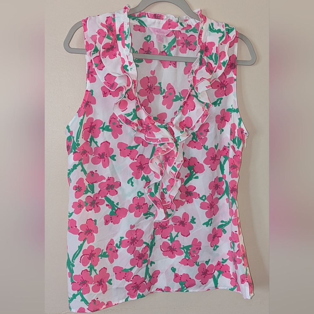 Lilly Pulitzer Pink Floral Ruffle Blouse - Picture 3 of 7